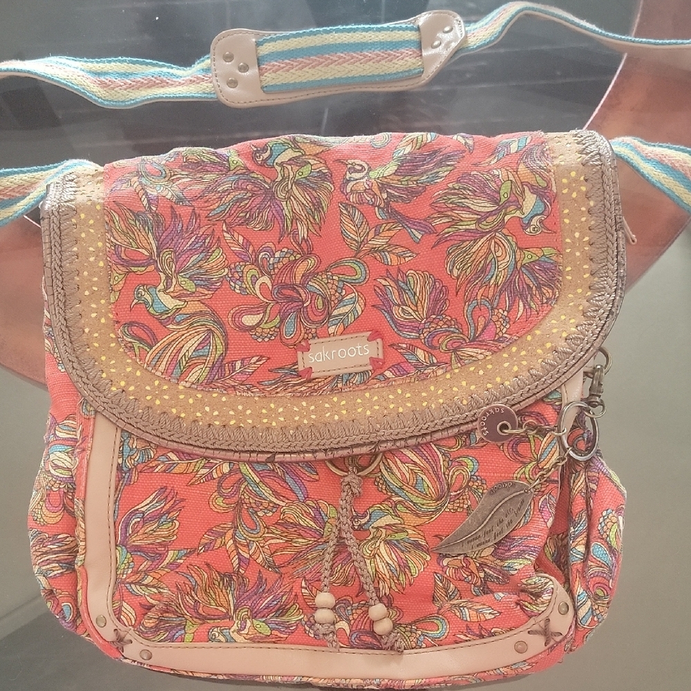 Sakroots Pink and Orange Crossbody Bag with Bohemian Flair